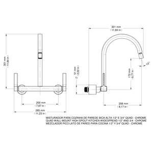 Misturador Para Cozinha De Parede Bica Alta 1/2 E 3/4 Quad Cromado - Docol