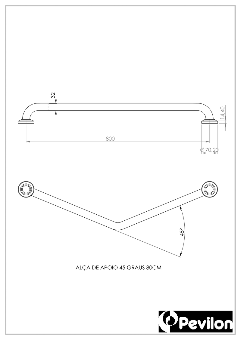 barra de apoio 45 graus 80 cm aluminio soft 114 pnepcd  pevilon