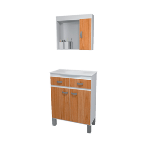 Kit Gabinete Carrara Espelheira+balcao C/pe+bancada Branco C/ Carvalho - Gabinetto